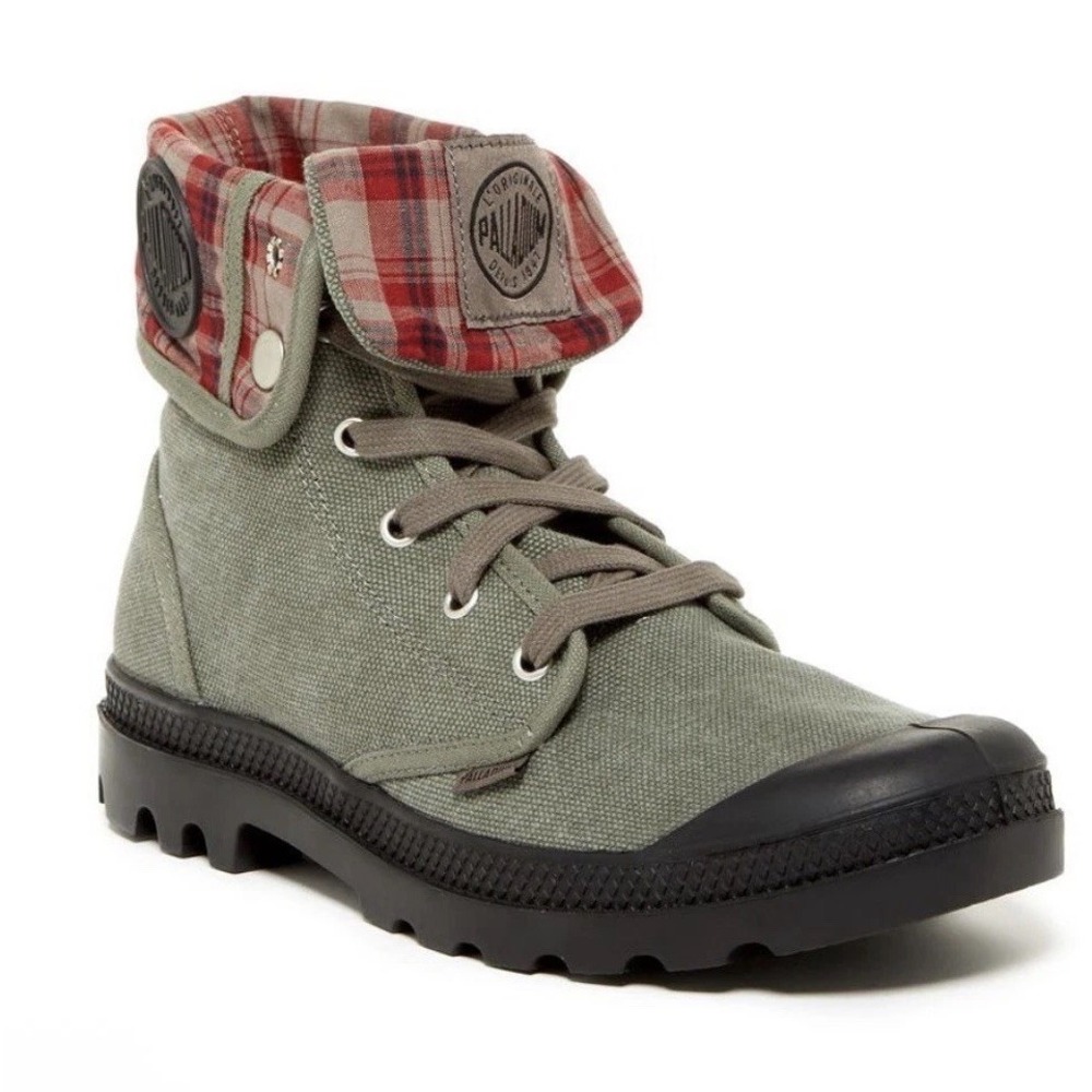 PALLADIUM Baggy Men's 13 Olive Gray Red Plaid Foldover Canvas Sneaker Boots